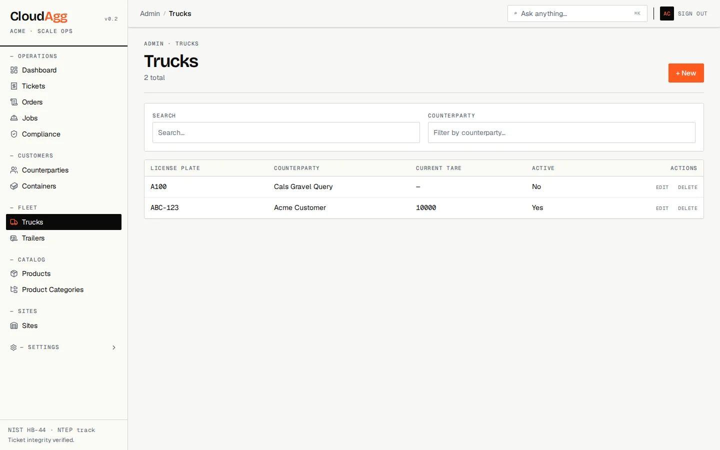 Truck fleet admin page